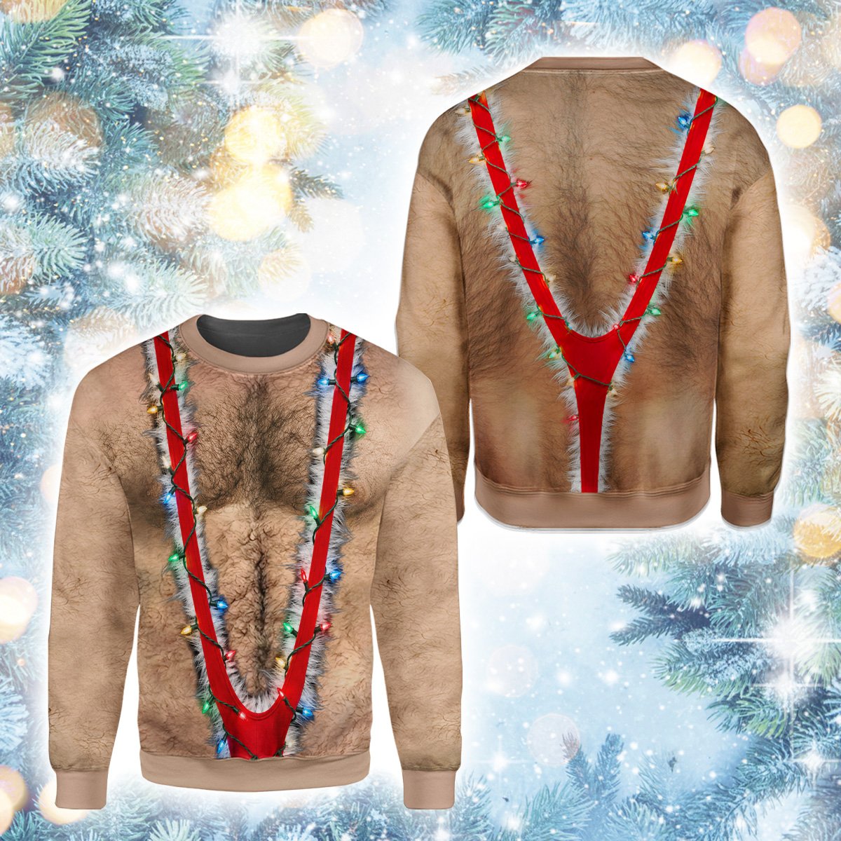 Another front view of the beige and red illusion ugly sweater