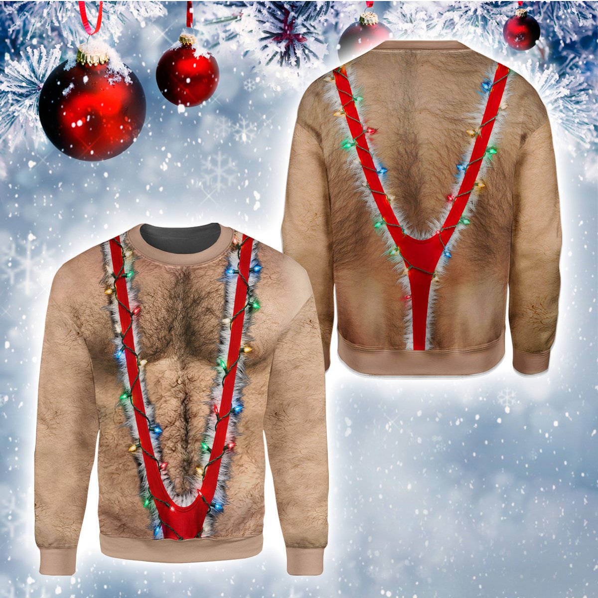 Front view of the funny hairy chest holiday ugly christmas sweater