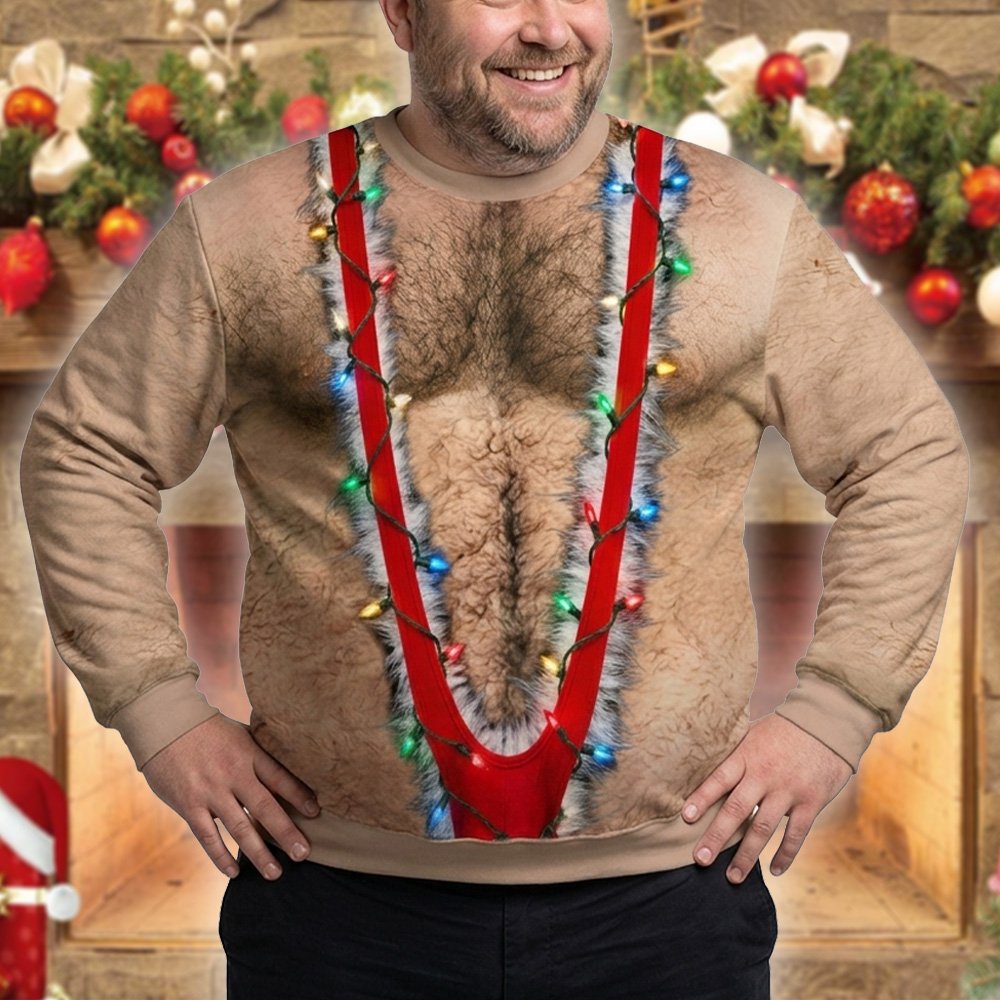 Lifestyle shot of the optical illusion holiday ugly christmas sweater