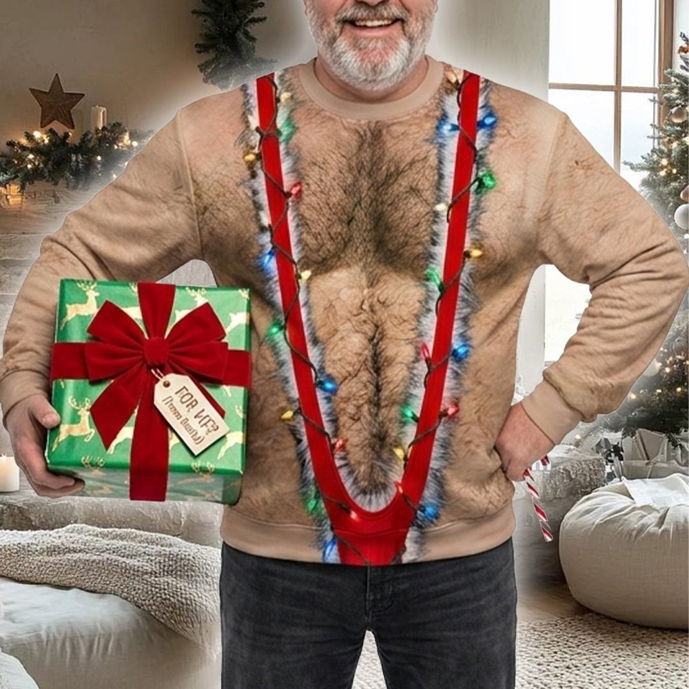 Lifestyle view of a person wearing the hairy chest ugly sweater