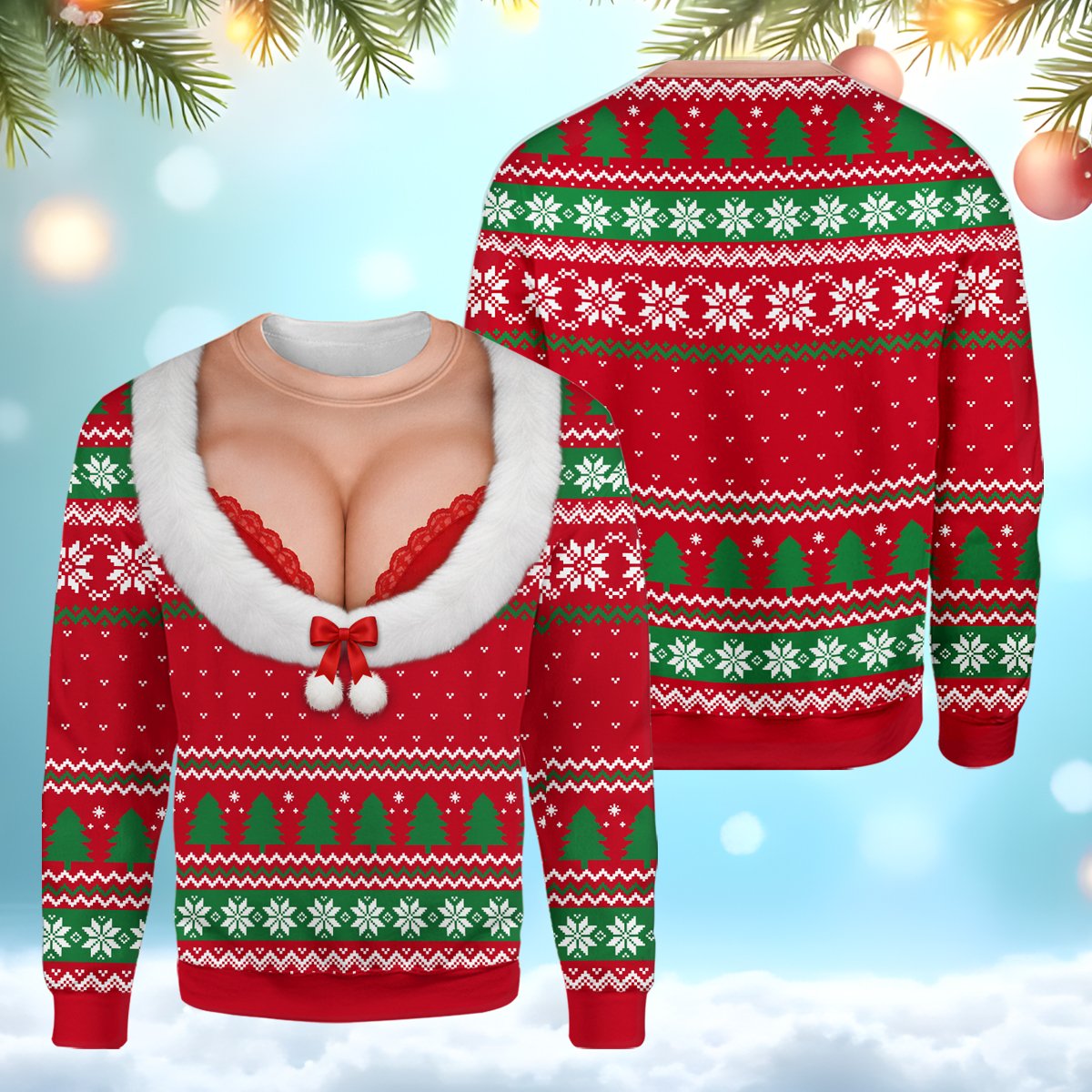 Close up front view of red ugly christmas sweater