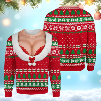 Close up front view of red ugly christmas sweater