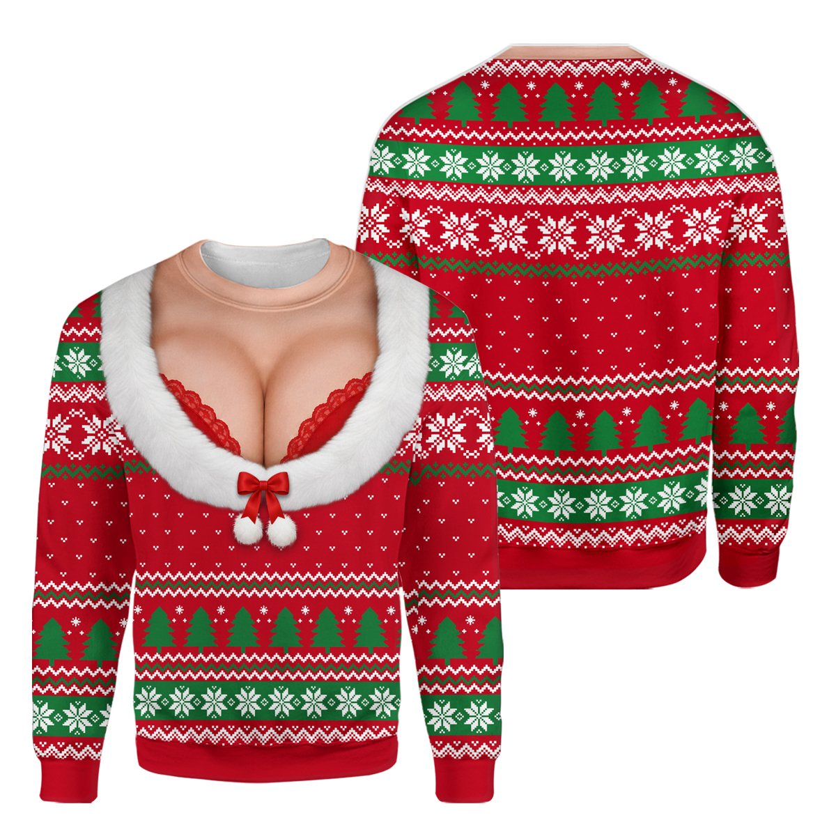 Faux cleavage holiday ugly sweater flat lay front view