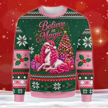 Close-up of the ugly christmas sweater unicorn graphic with a Santa hat and presents
