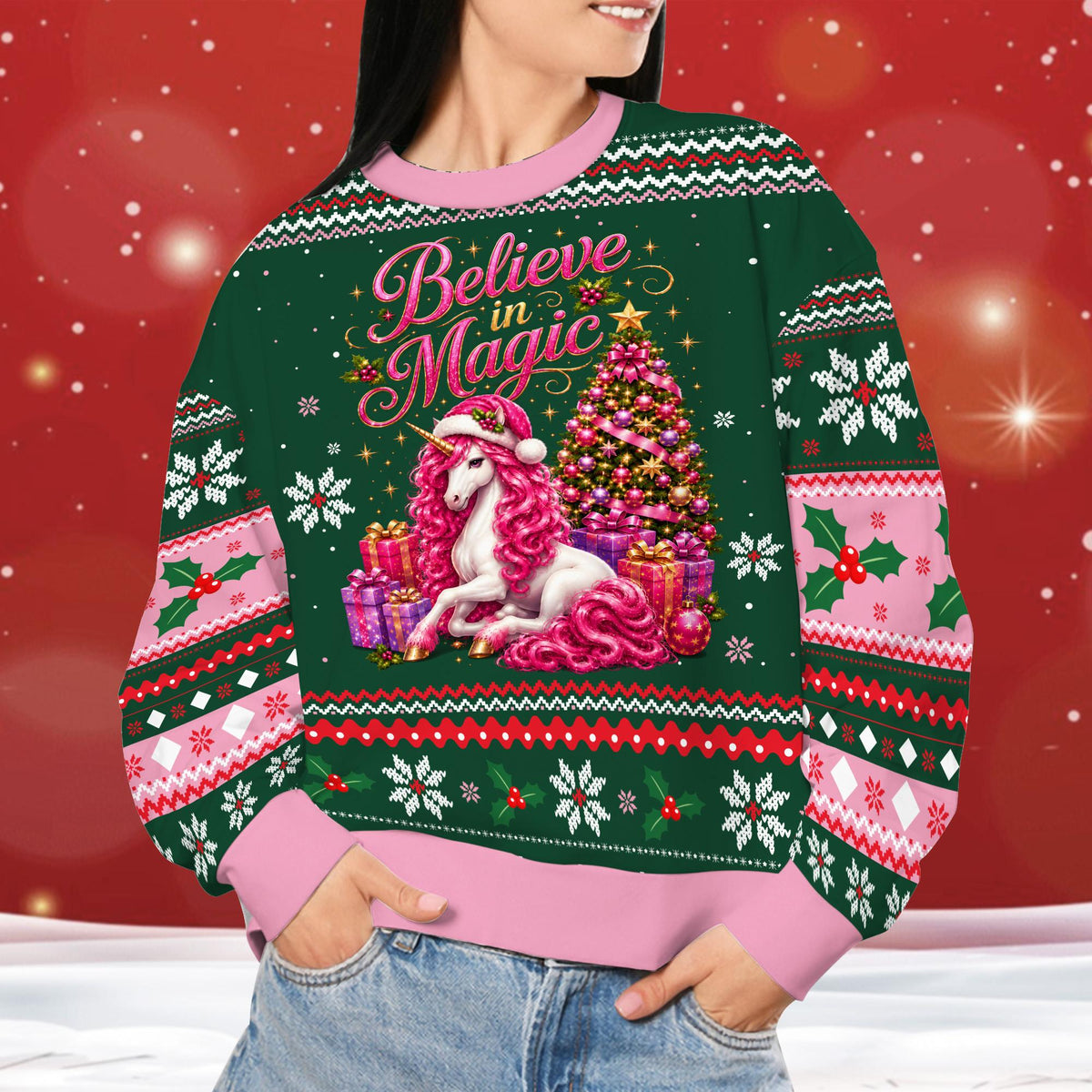 Another lifestyle view of an adult wearing the unicorn ugly holiday sweater