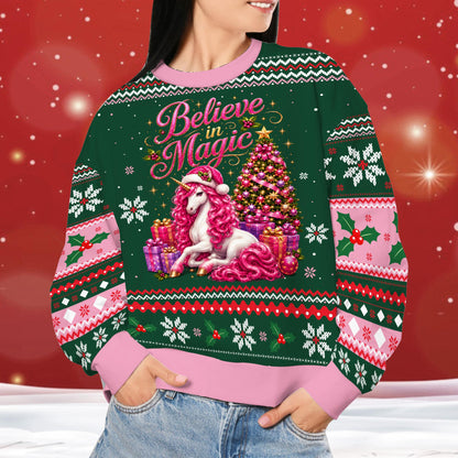 Another lifestyle view of an adult wearing the unicorn ugly holiday sweater