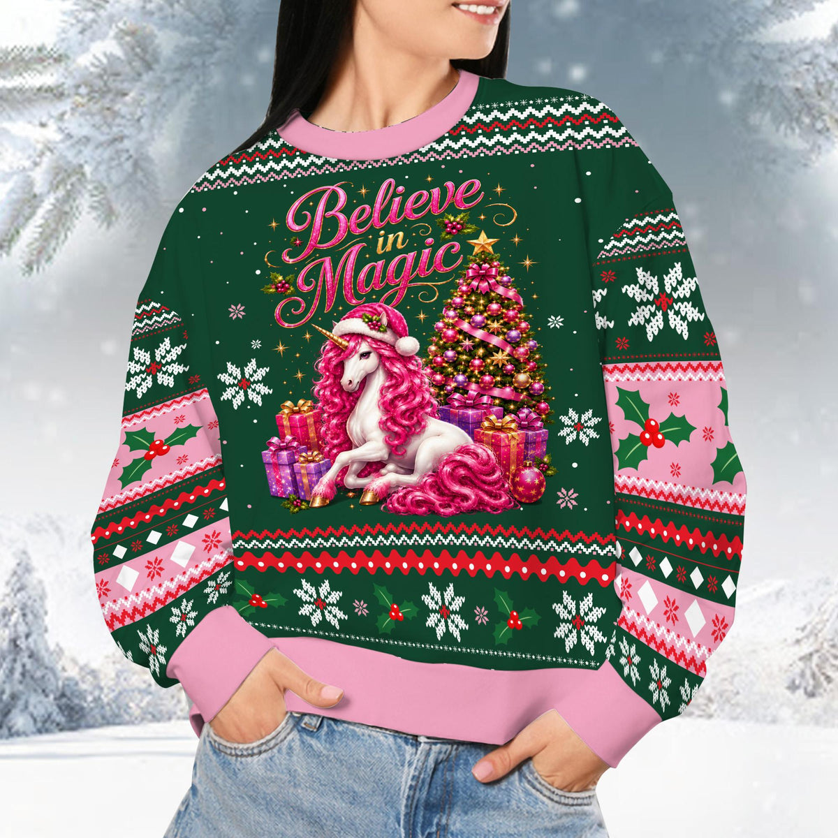 Person styling the green ugly christmas sweater unicorn design for a holiday party