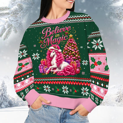 Person styling the green ugly christmas sweater unicorn design for a holiday party