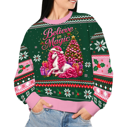 Adult wearing the green ugly christmas sweater unicorn design in a lifestyle setting