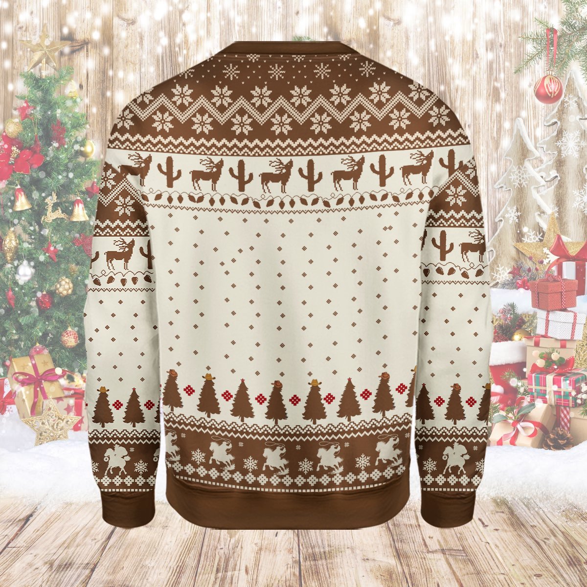 Back view of the western ugly sweater in beige