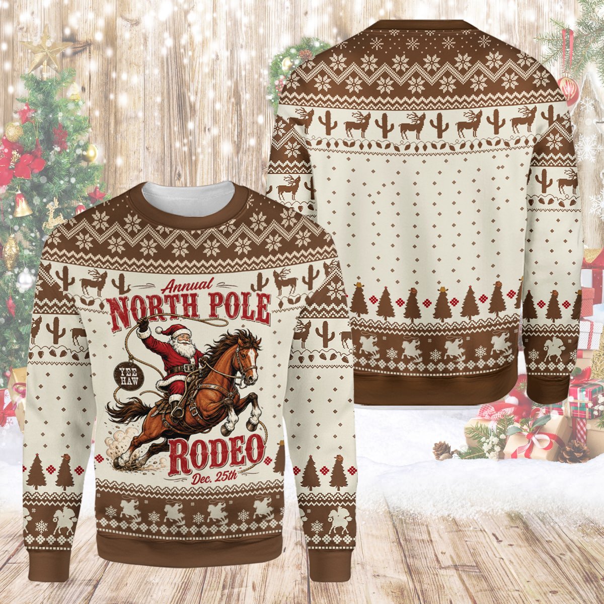 Western christmas ugly sweater, front view detail
