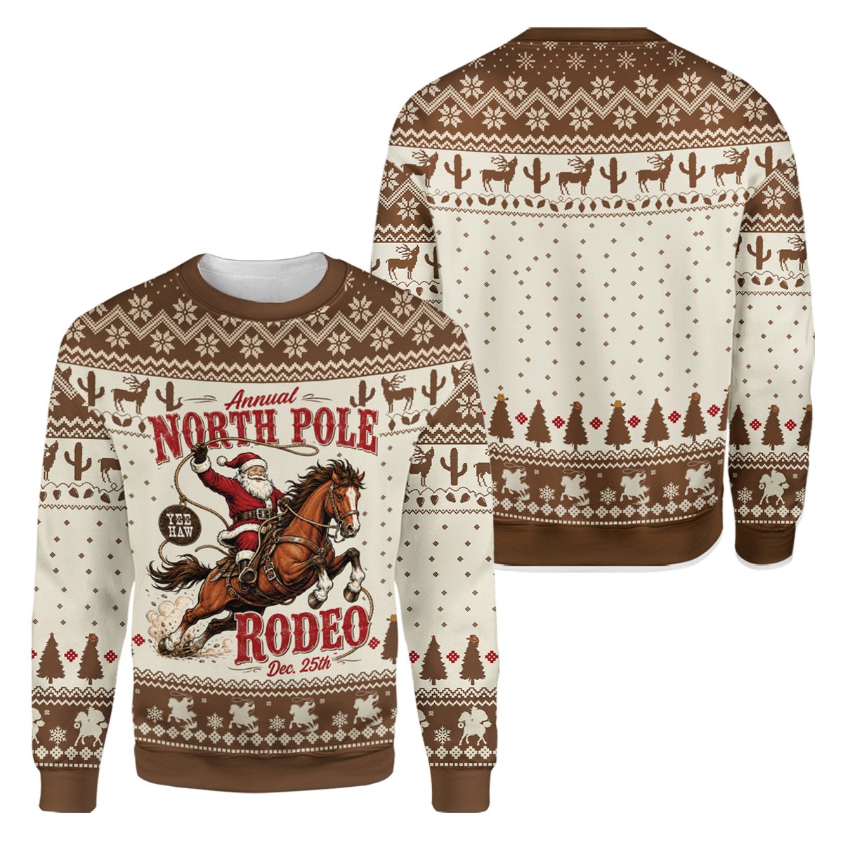 Christmas ugly sweater with festive rodeo theme, front view