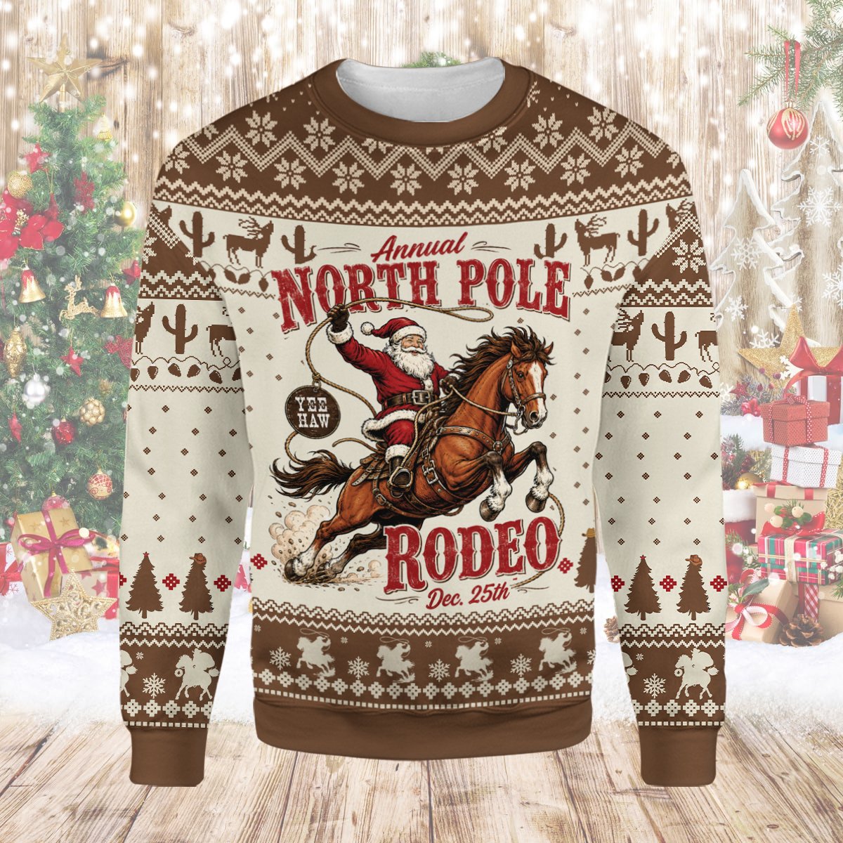 Western ugly sweater with North Pole rodeo design, front view