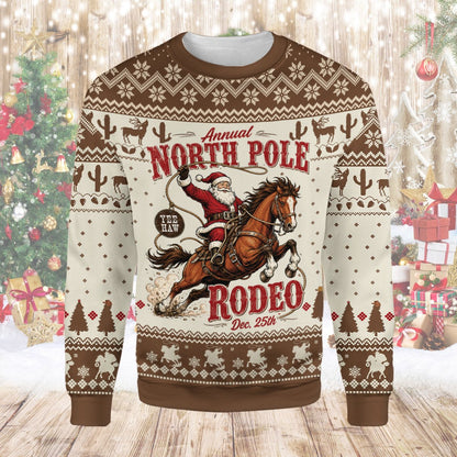 Western ugly sweater with North Pole rodeo design, front view