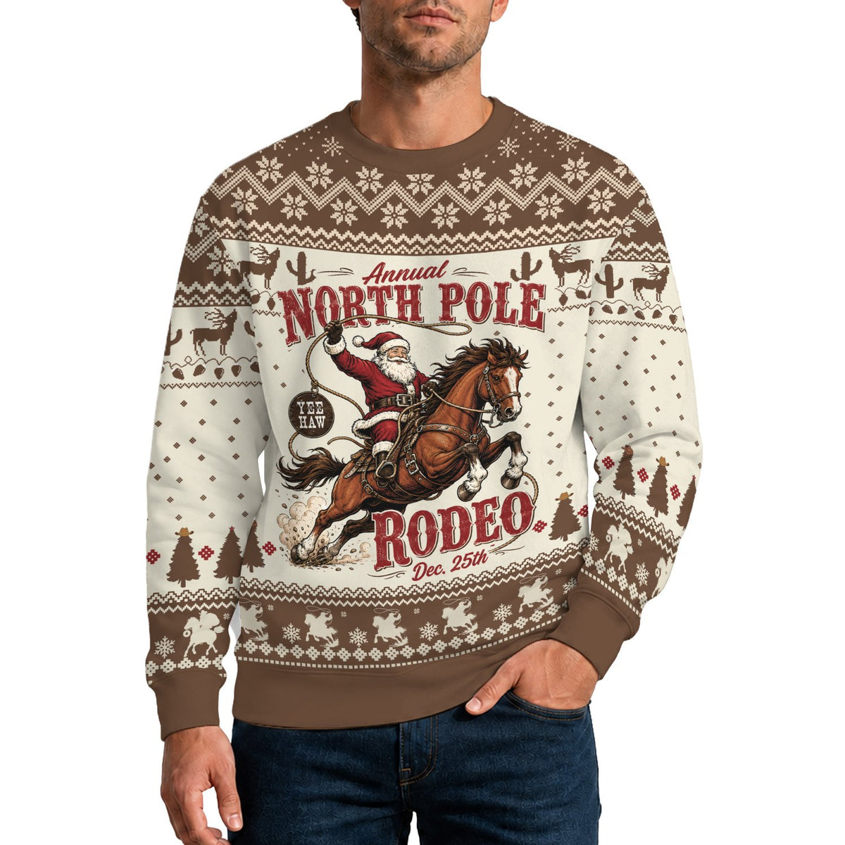 Lifestyle view of the western christmas ugly sweater