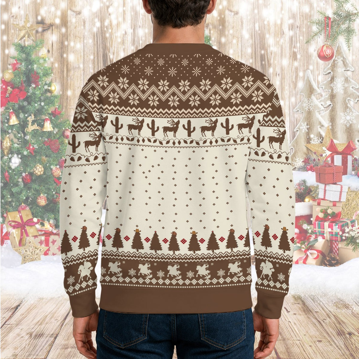 Lifestyle shot showing the festive rodeo sweater design
