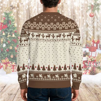 Lifestyle shot showing the festive rodeo sweater design