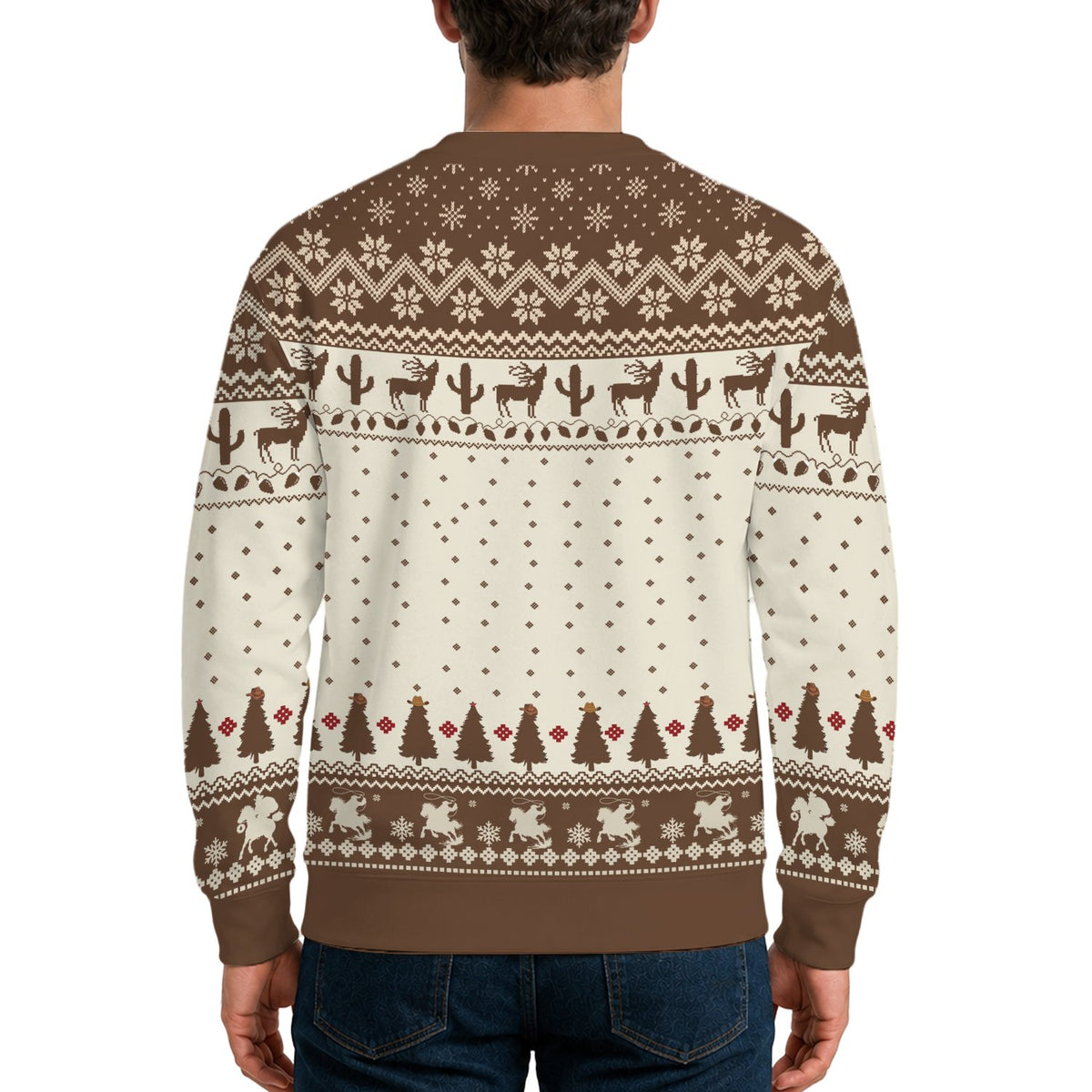 Another lifestyle view of the beige western ugly sweater