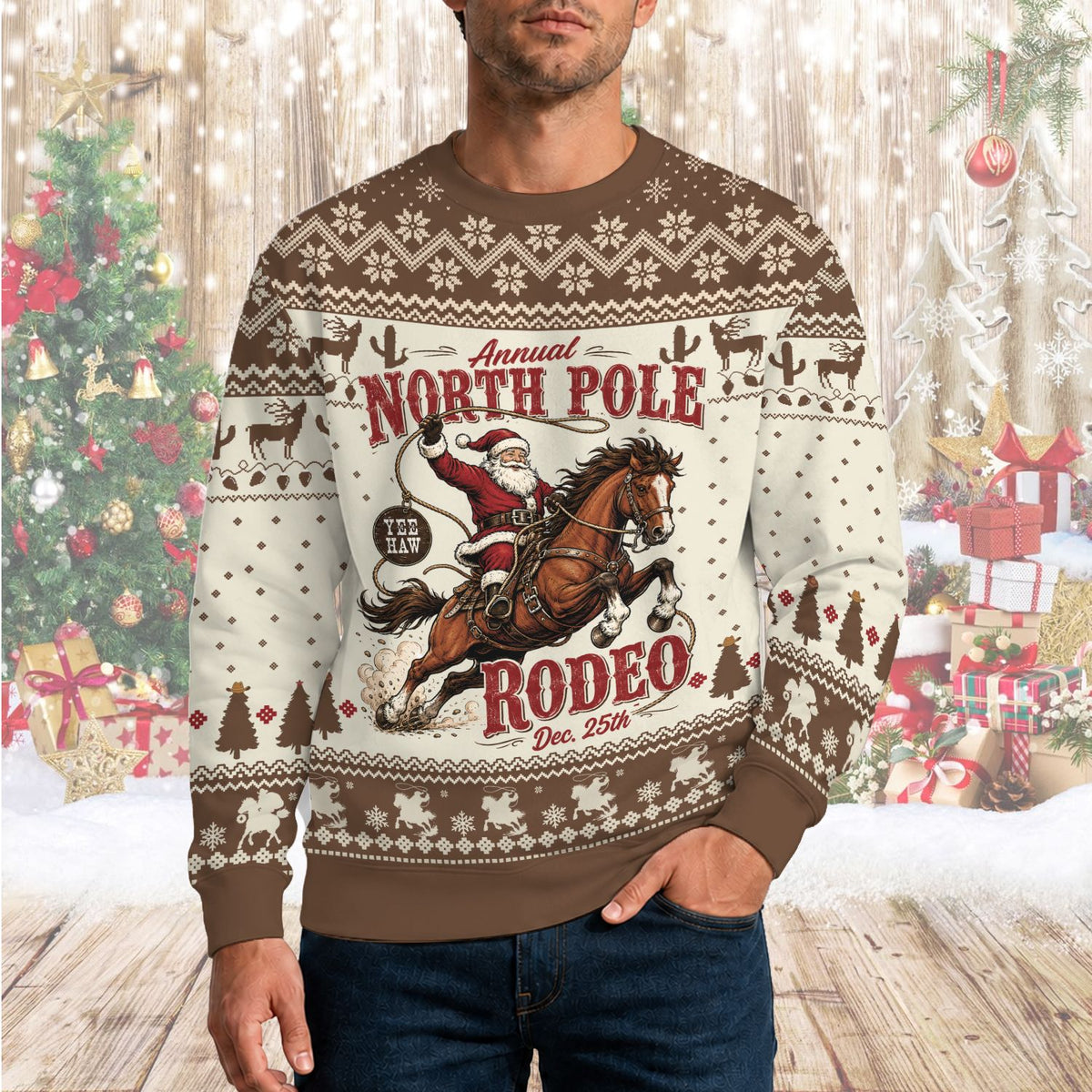 Person wearing the western ugly sweater at a holiday gathering