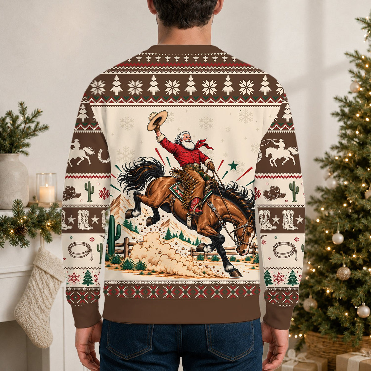 Back view of the brown western ugly sweater