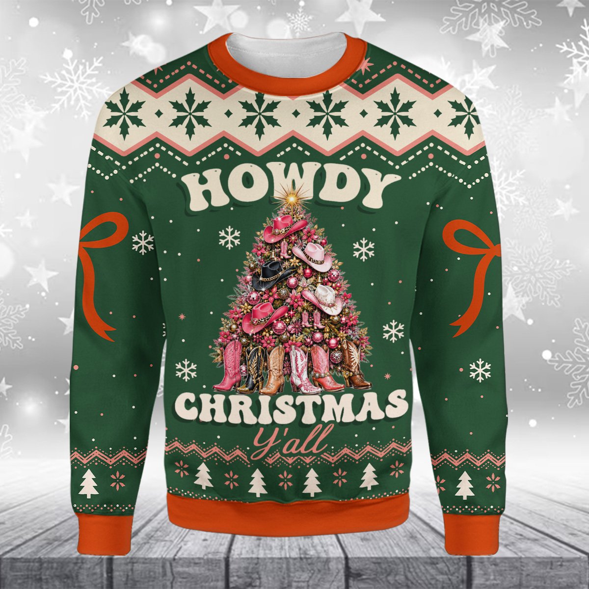 Full front view of the green western ugly sweater on a flat surface