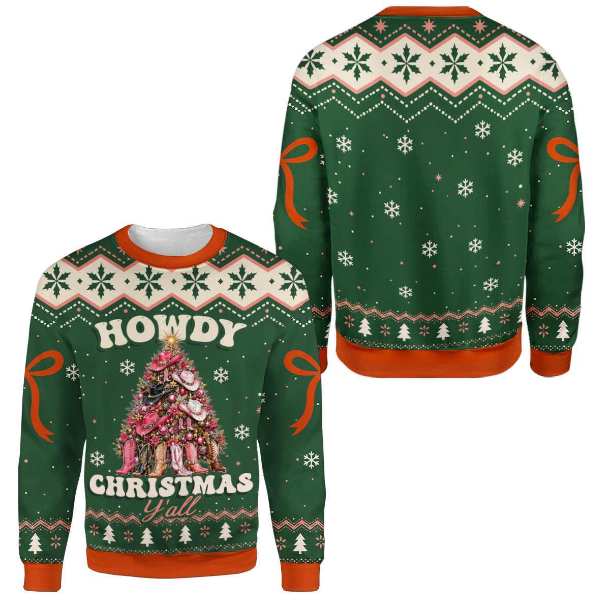 Green western ugly sweater featuring a cowboy hat Christmas tree and Howdy Christmas text, front view