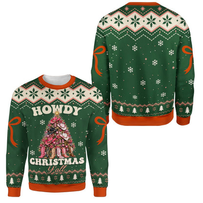 Green western ugly sweater featuring a cowboy hat Christmas tree and Howdy Christmas text, front view