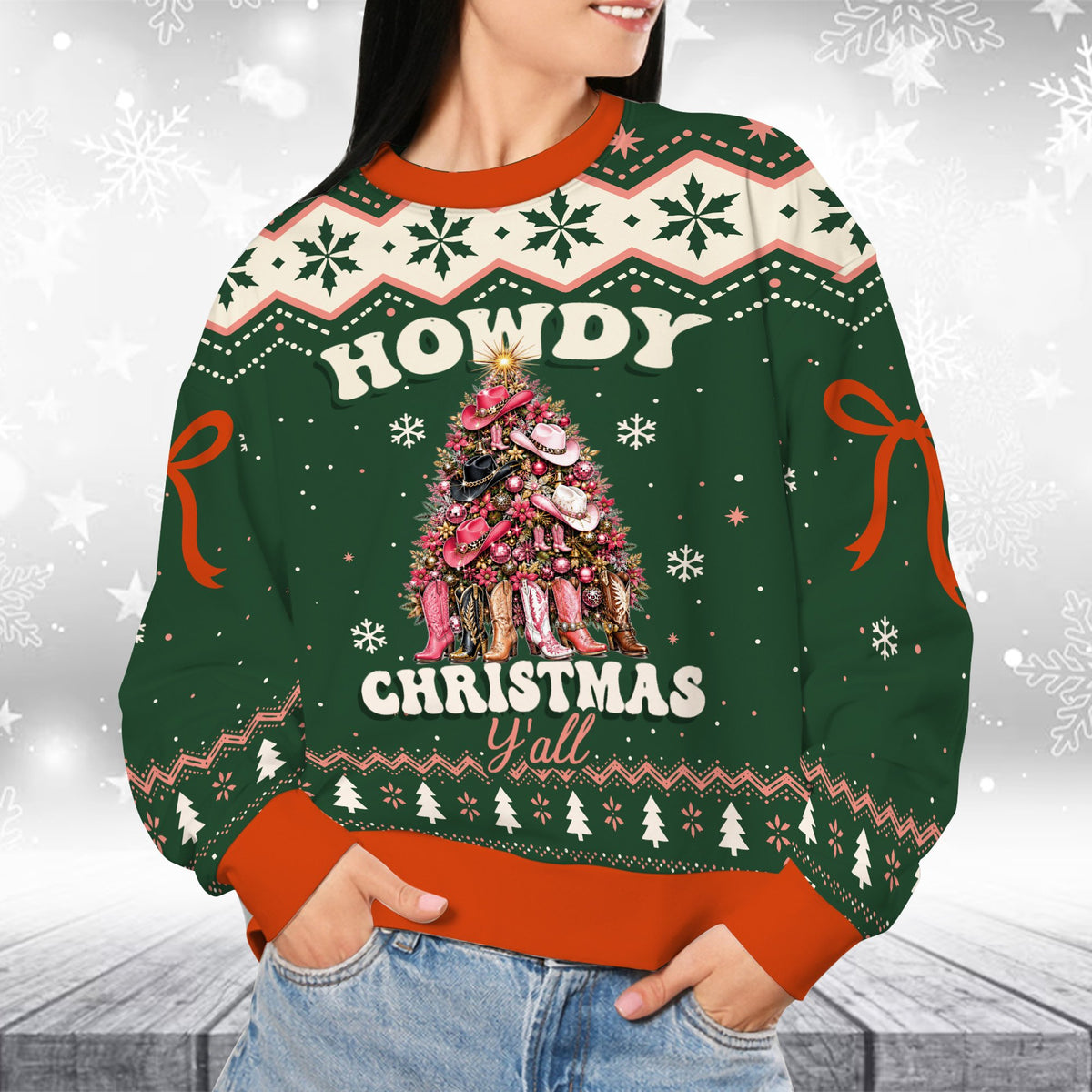 Second lifestyle view showing the western christmas ugly sweater in a festive setting