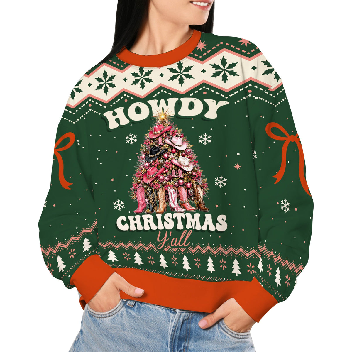 Lifestyle view of an adult wearing the green western ugly sweater at a holiday party