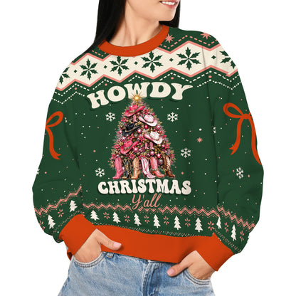 Lifestyle view of an adult wearing the green western ugly sweater at a holiday party