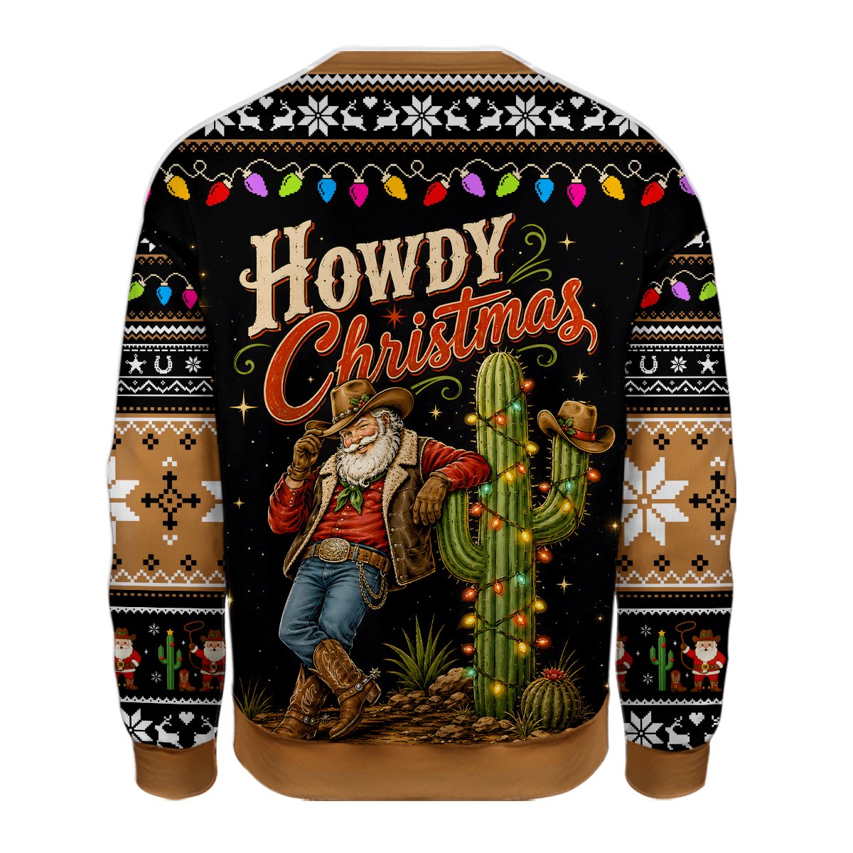Detailed back view of the western ugly christmas sweater