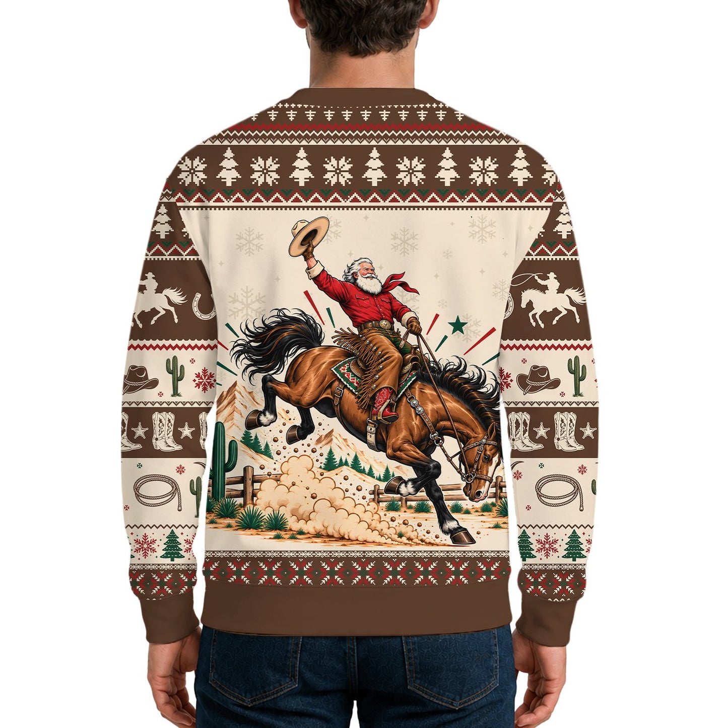 Back view of the multicolor western Christmas sweater