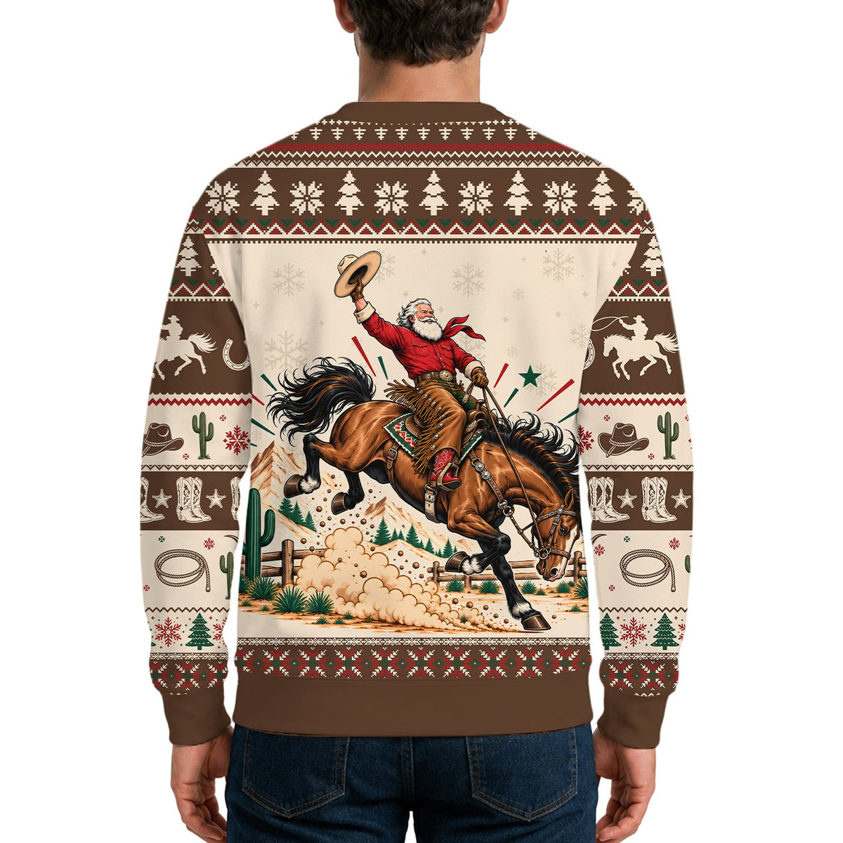 Back view of the multicolor western Christmas sweater