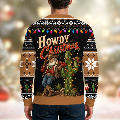 Back view of the black western ugly sweater showing traditional holiday patterns