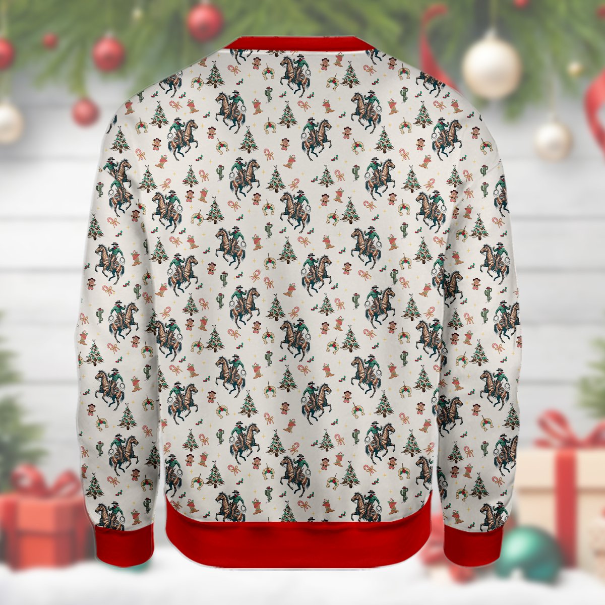 Back view of the ugly western christmas sweater