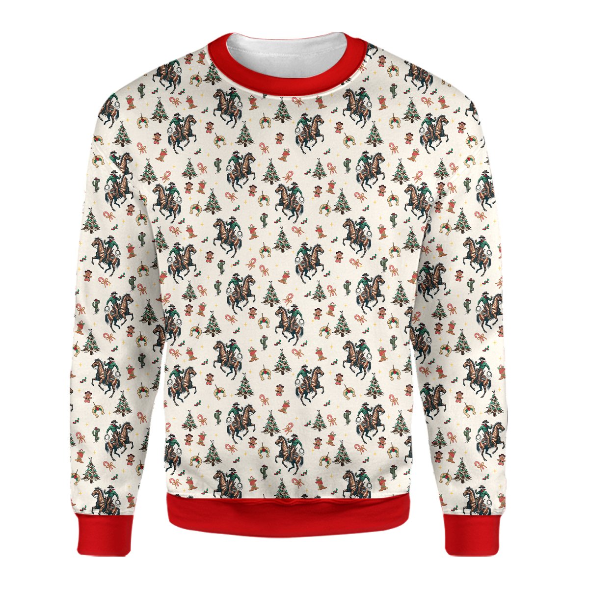 Detailed front view of the holiday ugly sweater showing gingerbread men and cacti