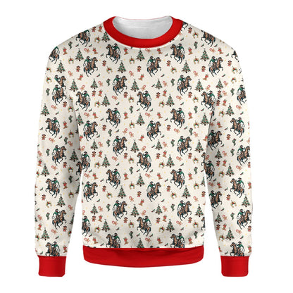 Detailed front view of the holiday ugly sweater showing gingerbread men and cacti