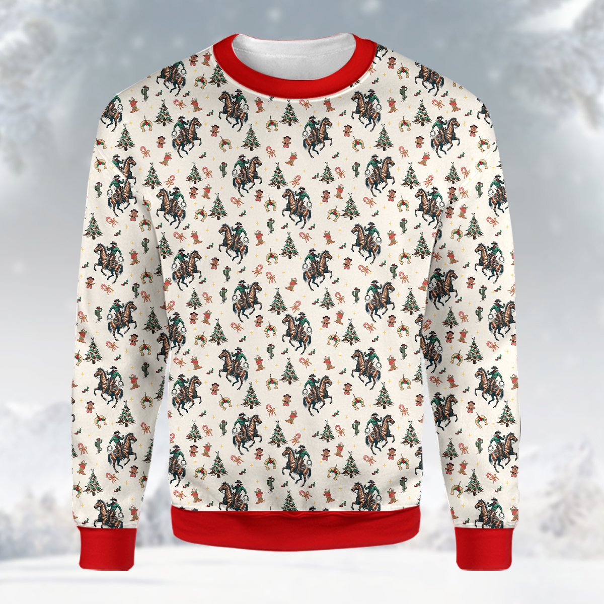 Additional front view of the beige western ugly sweater
