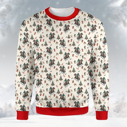 Additional front view of the beige western ugly sweater