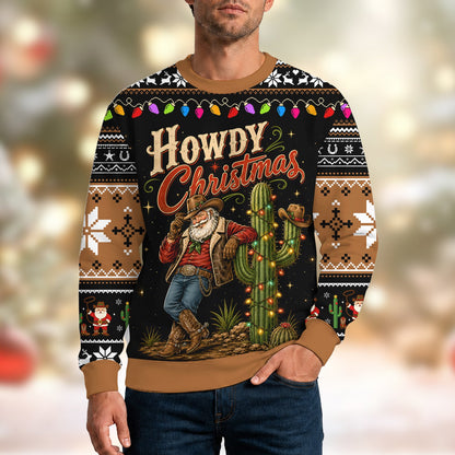 Front view of the western christmas ugly sweater with vintage cowboy Santa design
