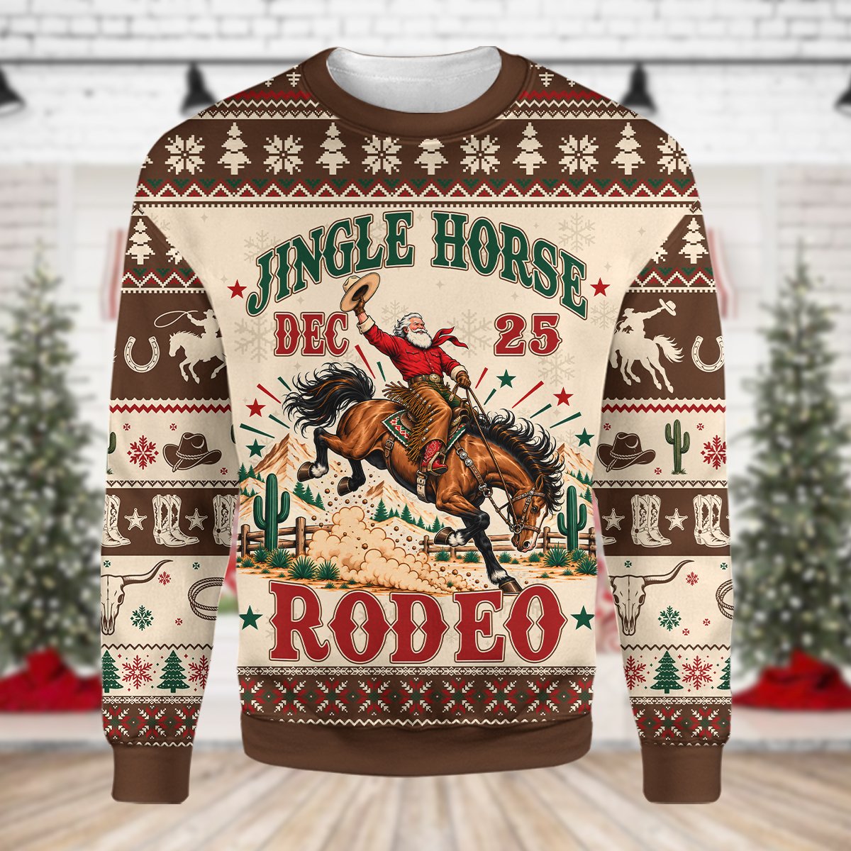 Western cowboy Santa ugly sweater front view