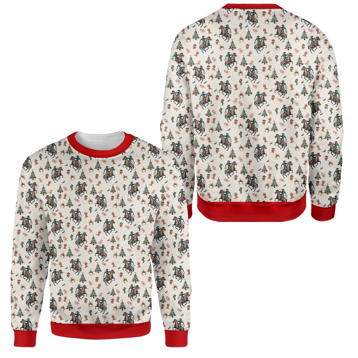 Beige western ugly sweater featuring a rider and holiday elements on a cream background, main view
