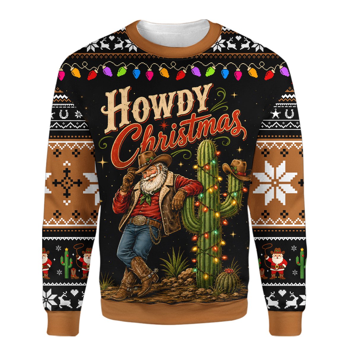 Lifestyle shot of a person enjoying the holidays in the ugly western christmas sweater