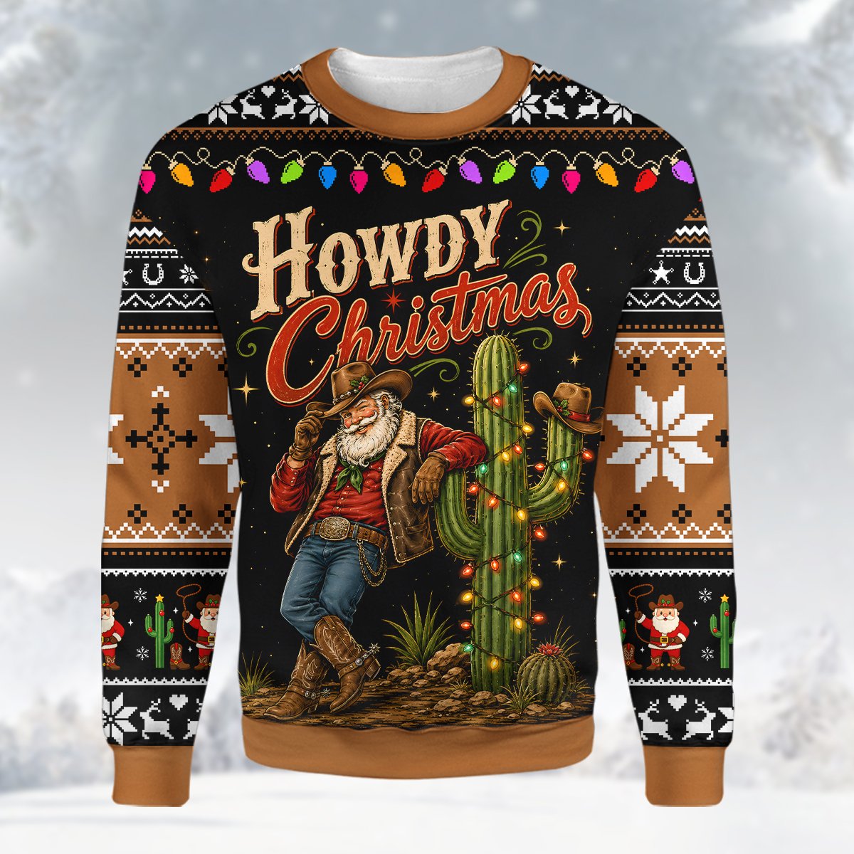 Lifestyle view showing the full fit of the western christmas ugly sweater