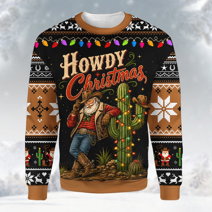 Lifestyle view showing the full fit of the western christmas ugly sweater
