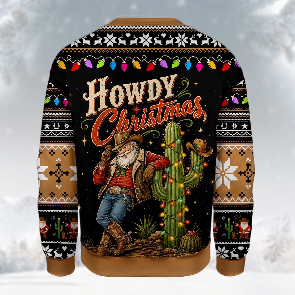 Additional lifestyle view of the black and brown western ugly sweater