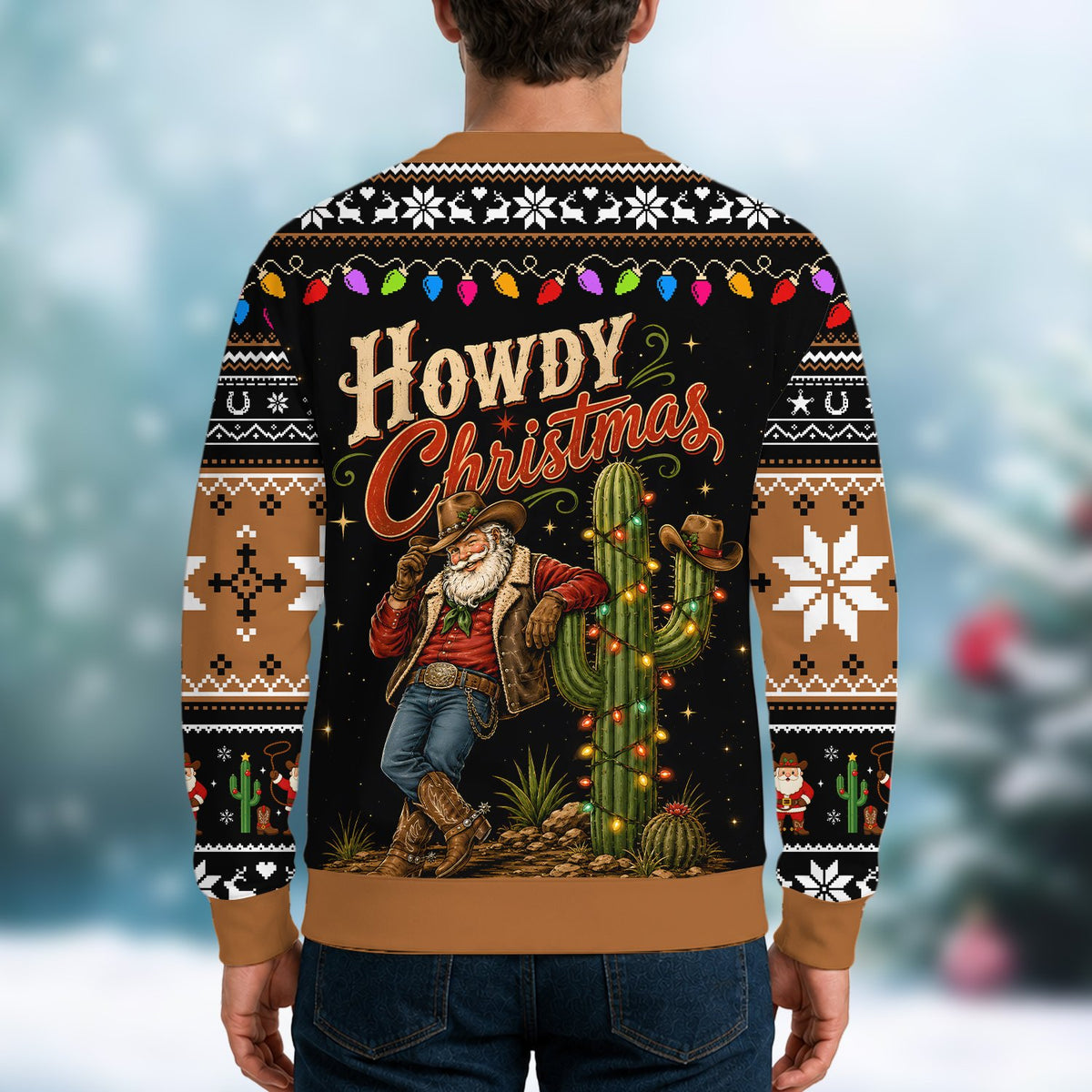 Lifestyle view of a person wearing the western christmas ugly sweater outdoors