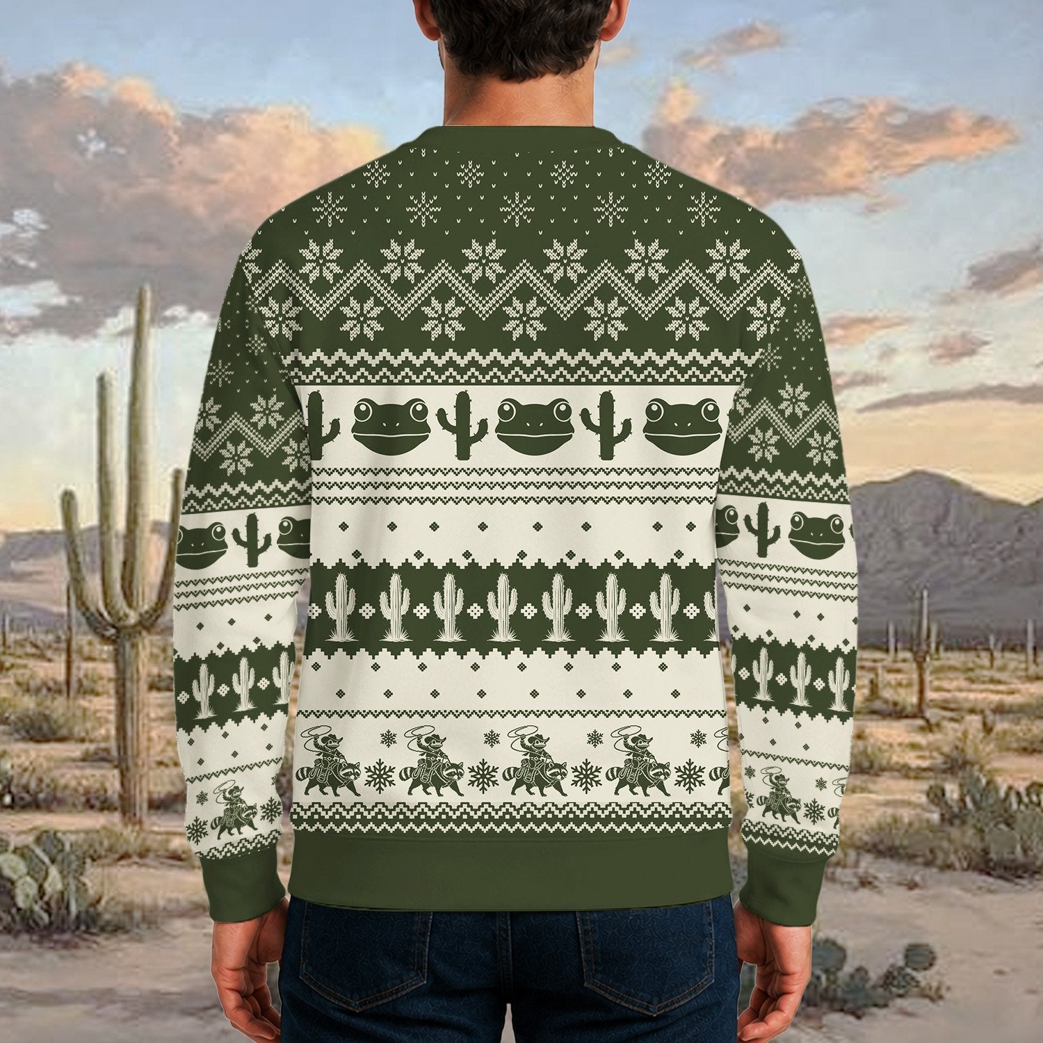 Secondary back view of the green meme holiday sweater