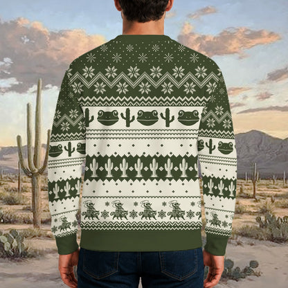Secondary back view of the green meme holiday sweater