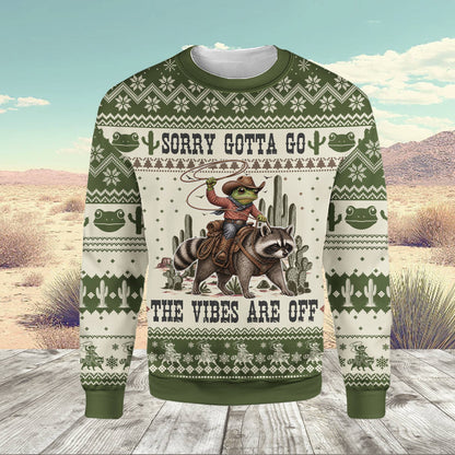 Front view of green western meme holiday ugly sweater